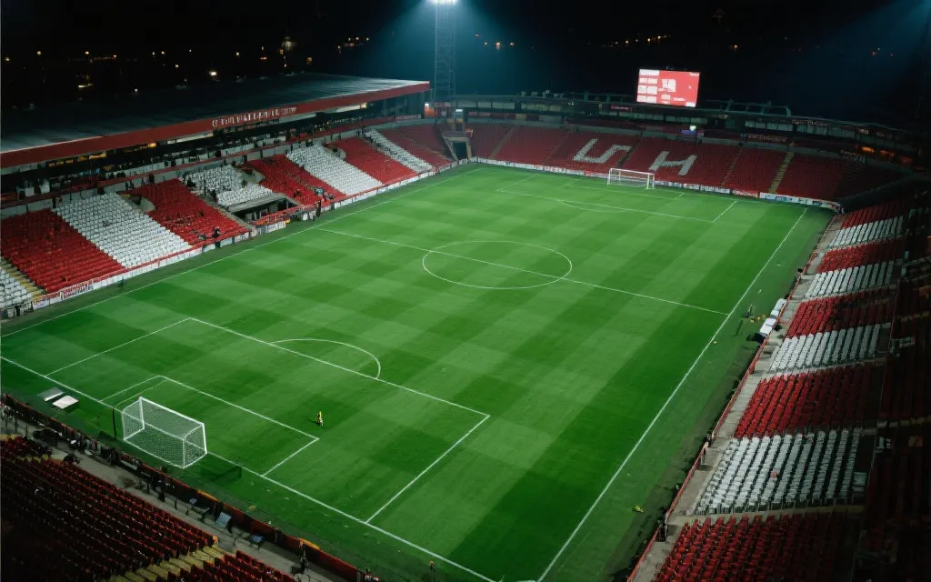 决赛球场俯视图：夜间灯光、草皮纹理清晰、看台红白色块，呈现紧张而宏大的氛围